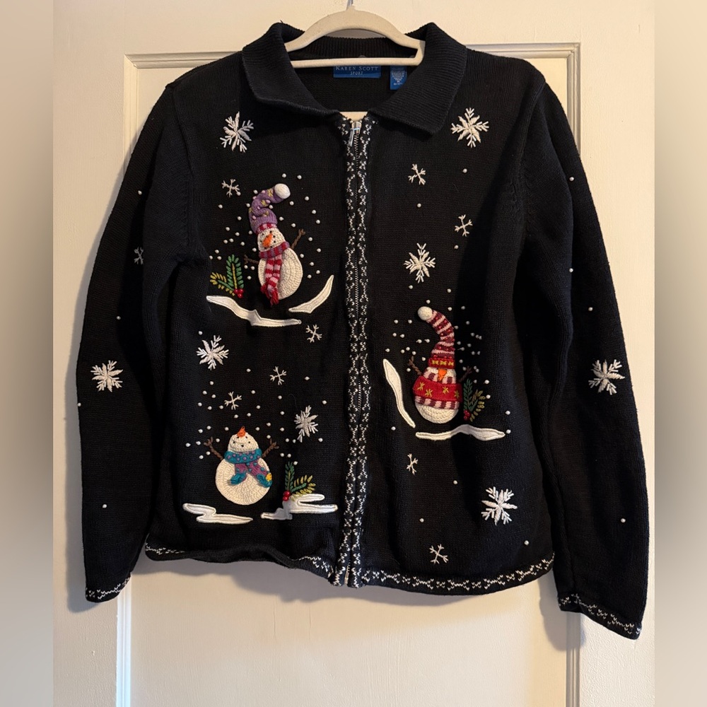 Vintage Karen Scott Sport Snowman Black Zip-Up Ugly Christmas Cardigan Medium